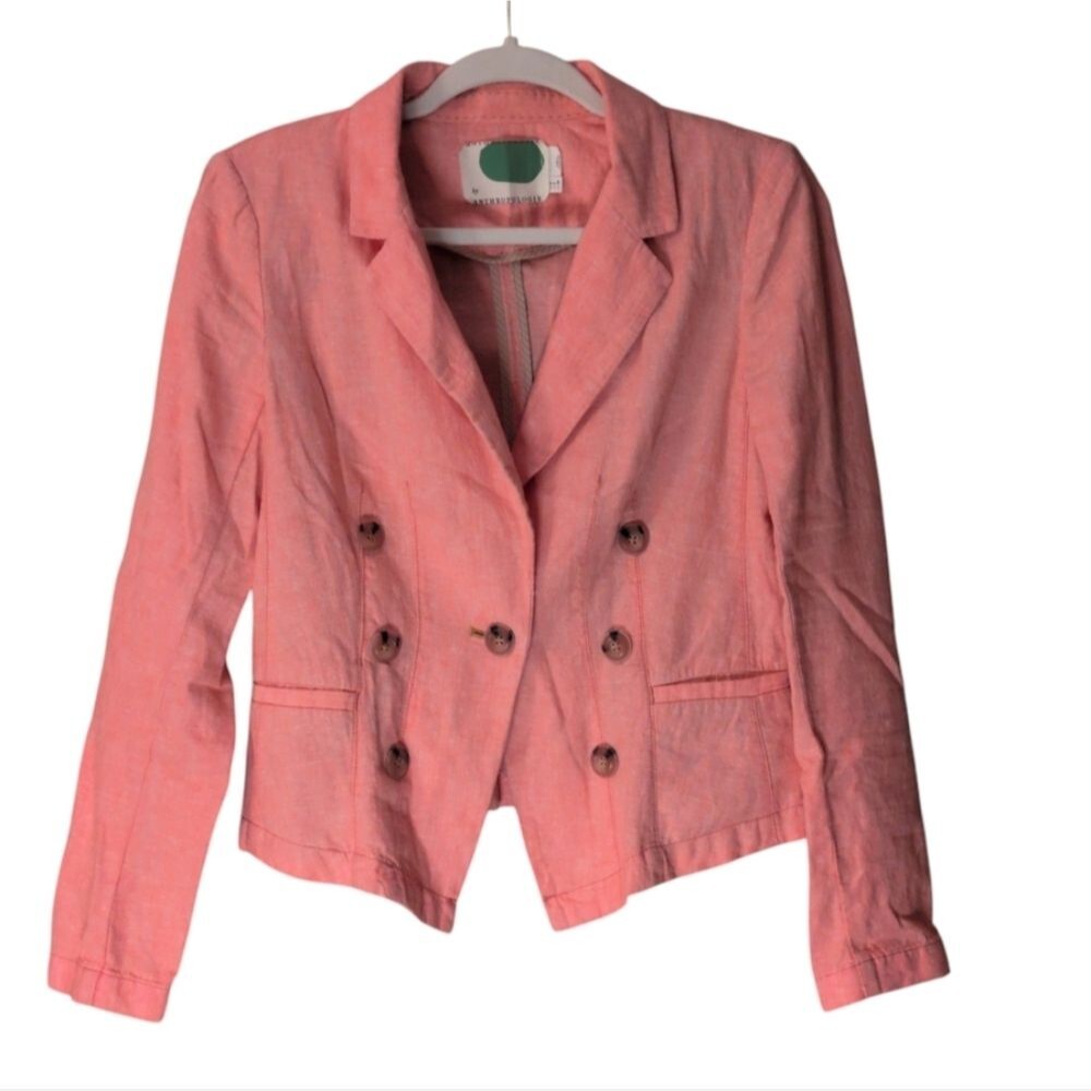 Anthropologie Seaboard coral Linen Double-Breasted Blazer size 2 Classic Preppy